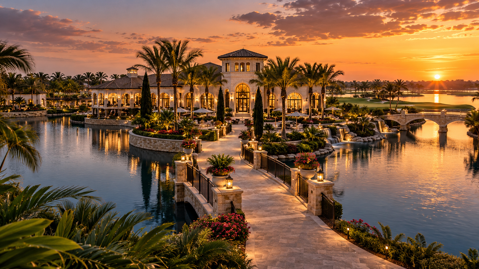 Illustrative Mediterranean waterfront country club at sunset