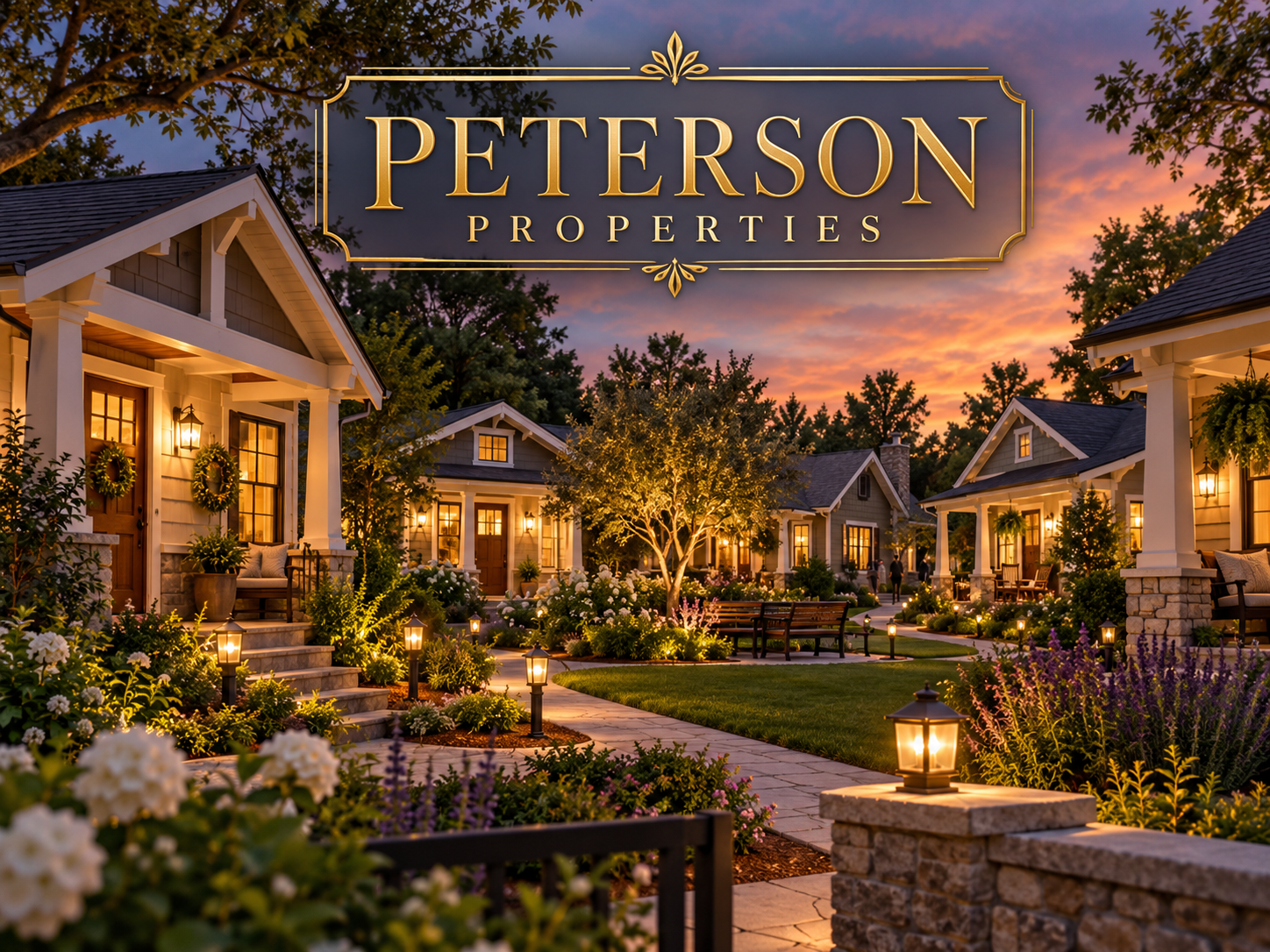 Gold-lettered Peterson Properties courtyard illustration